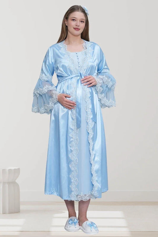 Dantel Kol Önden Düğmeli Sabahlıklı Gecelikli Pijama Takımlı 4'Lü Lohusa  Set  Mavi - 6302