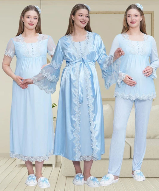 Dantel Kol Önden Düğmeli Sabahlıklı Gecelikli Pijama Takımlı 4'Lü Lohusa  Set  Mavi - 6302