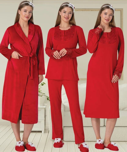 Dantel Kol  Kadife Sabahlıklı  Lohusa Hamile 4'lü Set  Kırmızı - 6500
