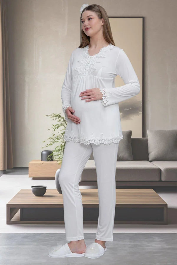 Dantel Kol Önden Düğmeli Lohusa Hamile Pijama Takımı Ekru - 1501