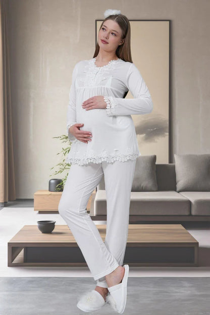 Dantel Kol Önden Düğmeli Lohusa Hamile Pijama Takımı Ekru - 1501
