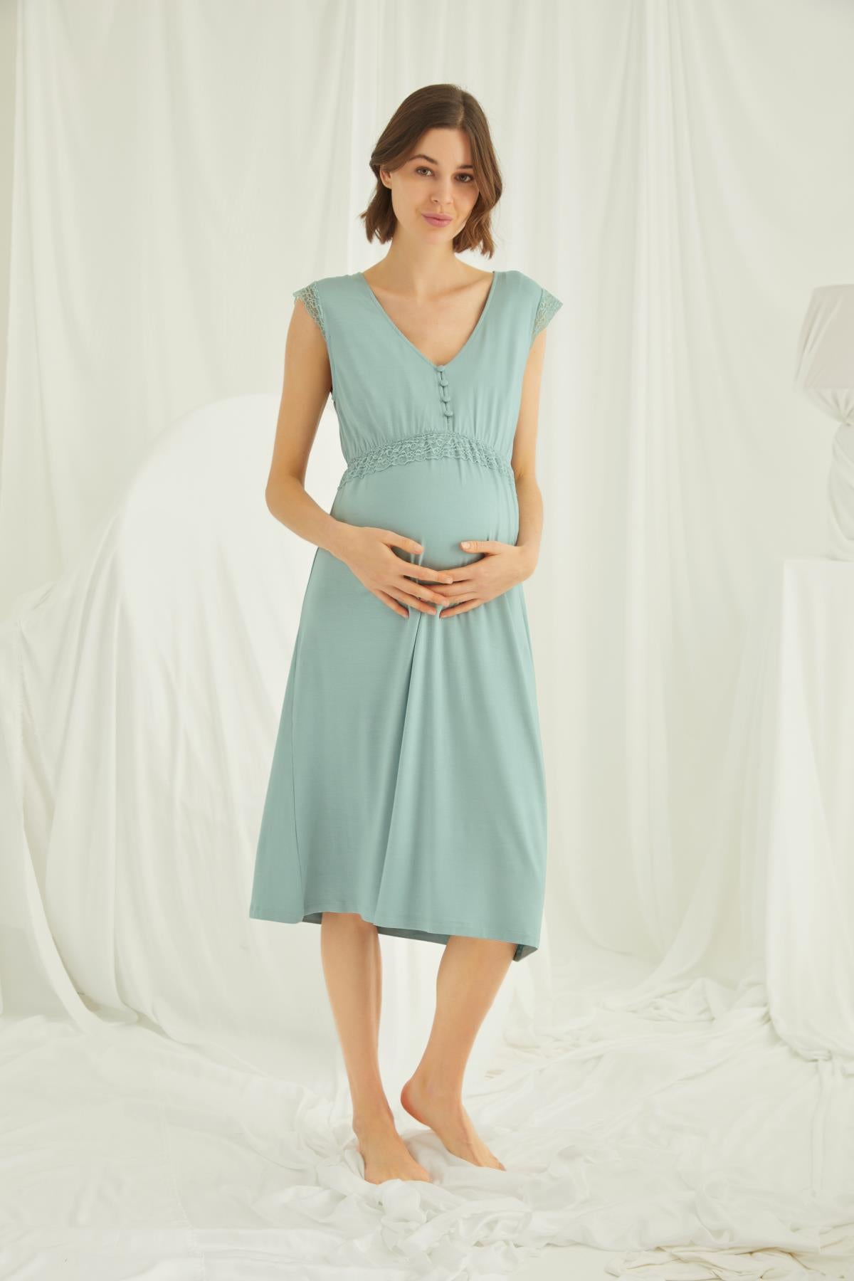 Sıfır Kol Önden Düğmeli Lohusa Hamile Gecelik 18466