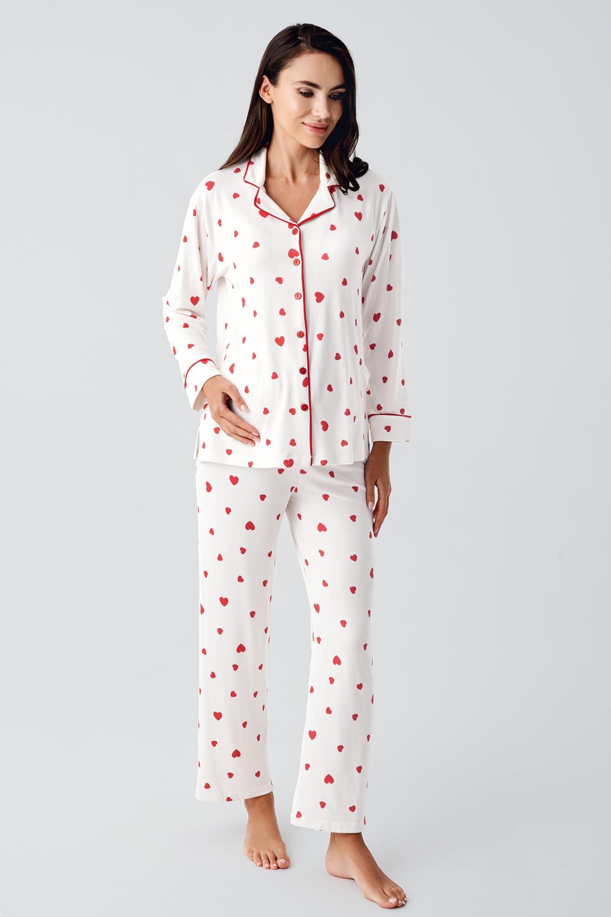 Gömlek Model Kalp Desenli Lohusa Pijama Takımı Kırmızı  - 22113
