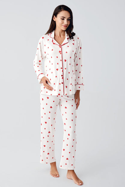 Gömlek Model Kalp Desenli Lohusa Pijama Takımı Kırmızı  - 22113