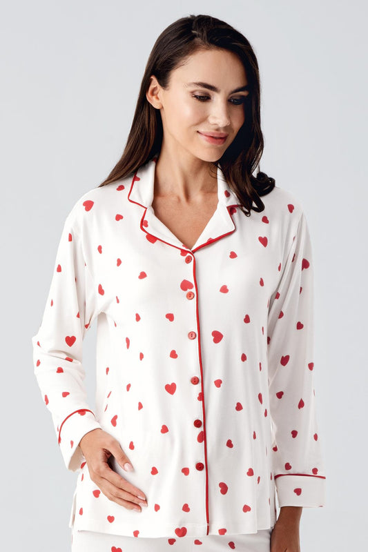 Gömlek Model Kalp Desenli Lohusa Pijama Takımı Kırmızı  - 22113