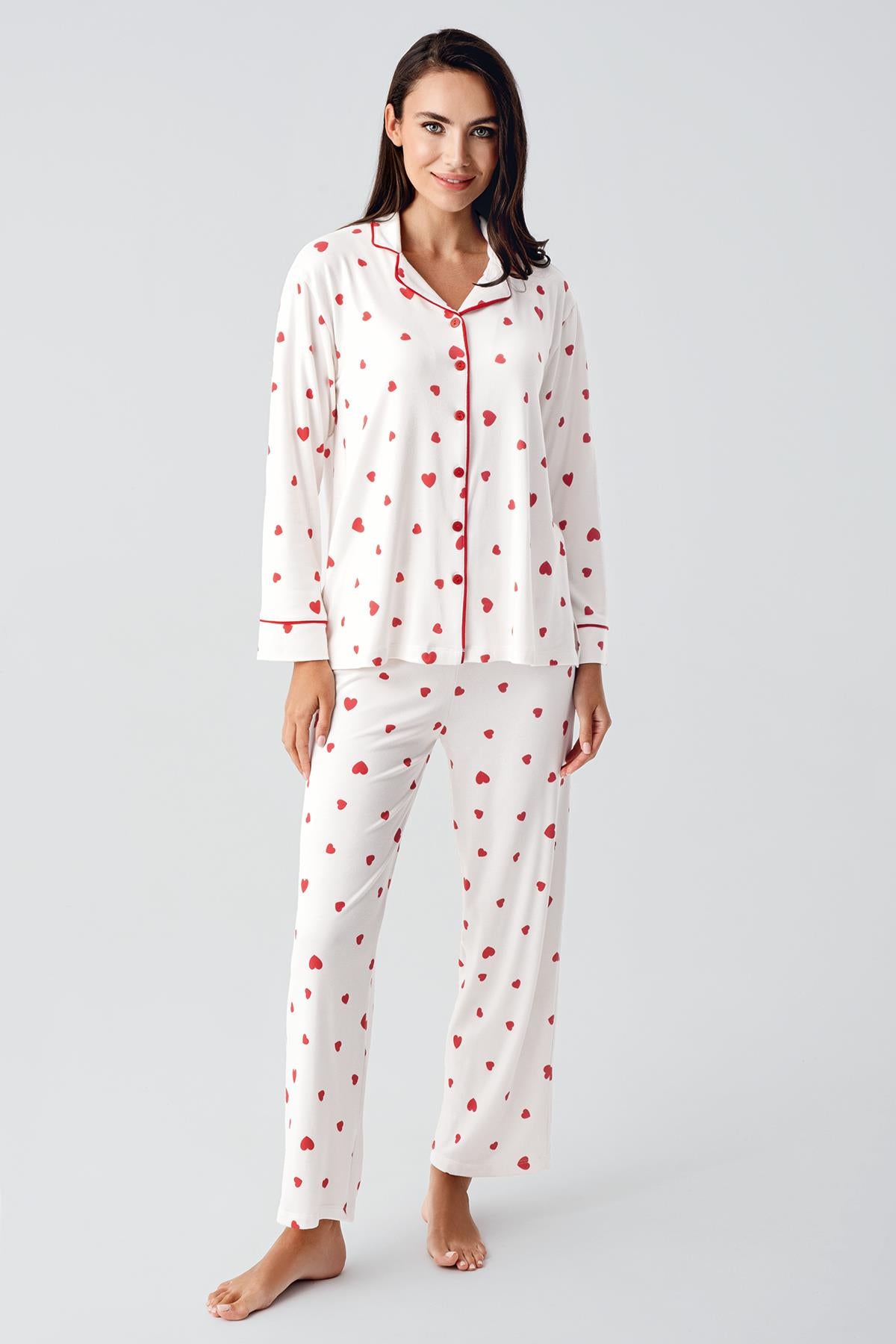 Gömlek Model Kalp Desenli Lohusa Pijama Takımı Kırmızı  - 22113