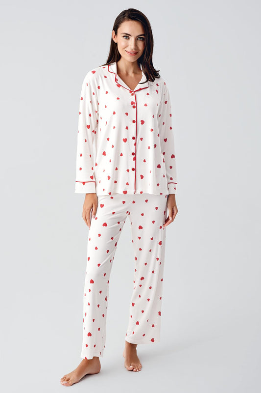 Gömlek Model Kalp Desenli Lohusa Pijama Takımı Kırmızı  - 22113
