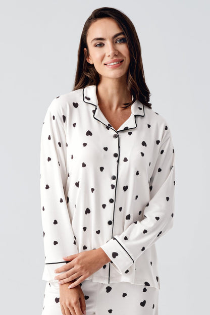 Gömlek Model Kalp Desenli Lohusa Pijama Takımı Siyah - 22113
