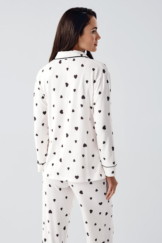 Gömlek Model Kalp Desenli Lohusa Pijama Takımı Siyah - 22113