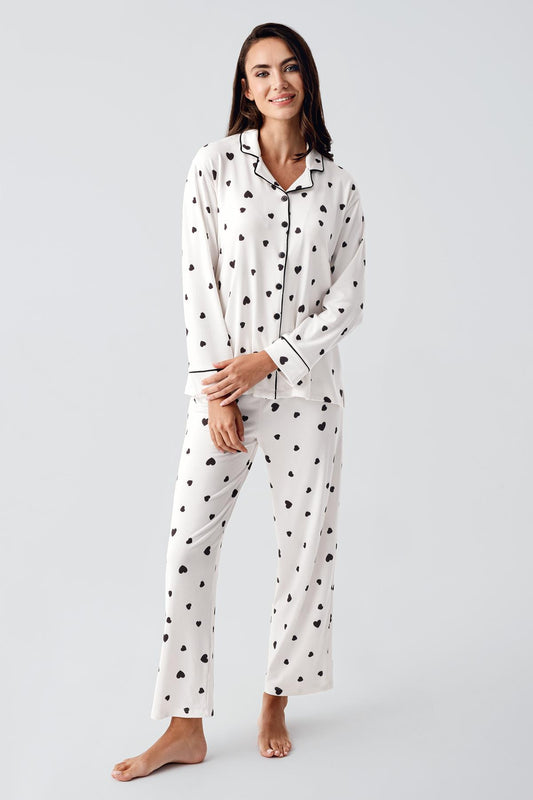 Gömlek Model Kalp Desenli Lohusa Pijama Takımı Siyah - 22113